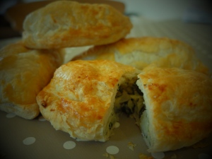 cheddar cheese pasties with sorrel and elephant garlic