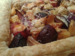 Roasted root vegetables, chestnuts and smoked cheese autumn tart